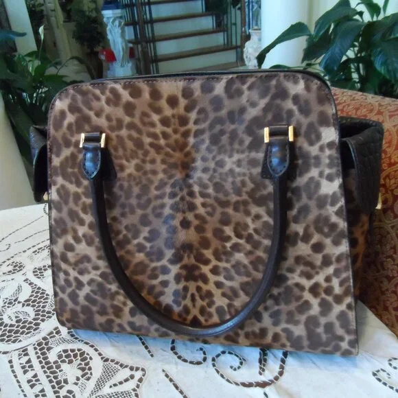 New Michaek Kors Collection Brown Leopard Calf Hair/Croc Print Leather Bag - Picture 2 of 16